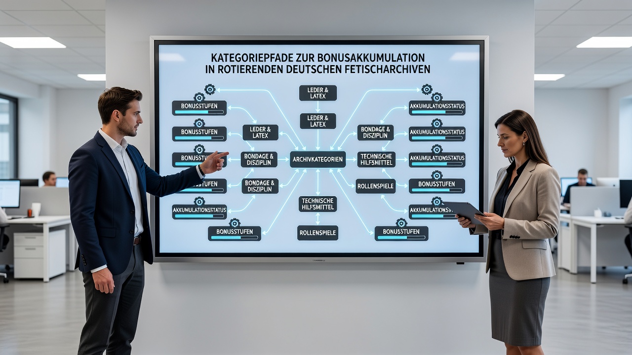 Detailansicht eines Kategoriepfads mit gestaffelten Bonus-Gateways und rotierenden Clips in einem deutschen Fetischarchiv